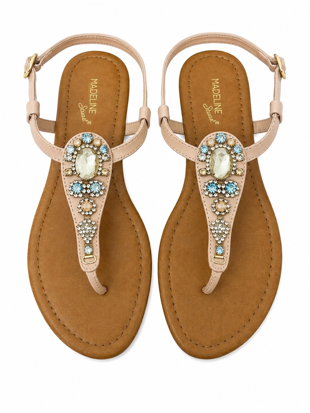 Madeline Stuart Nude Jeweled T-Strap Flat Sandals Women’s Size